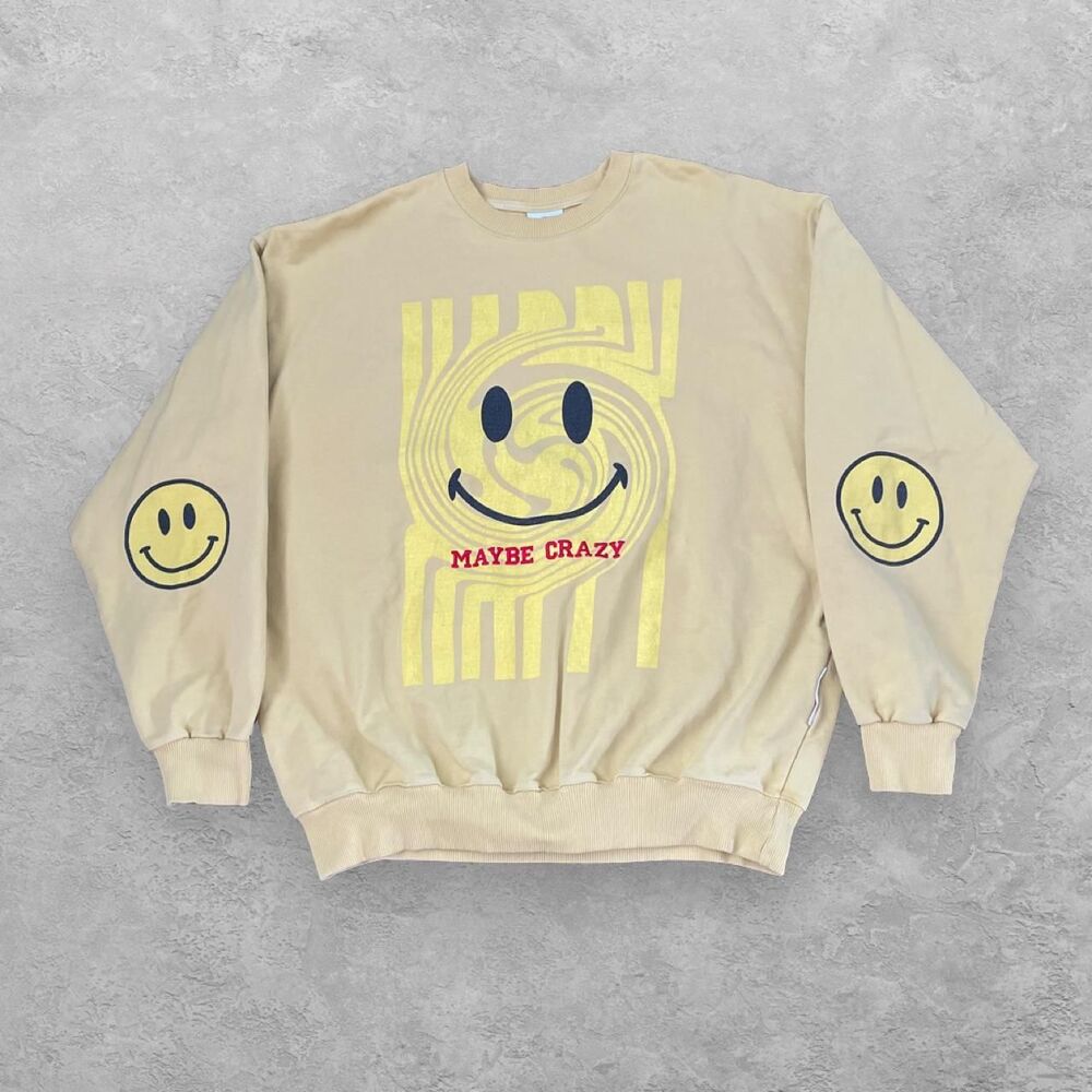 Maybe Crazy Swirl Smile Sweatshirt Yellow XL Y2K Indie Grunge